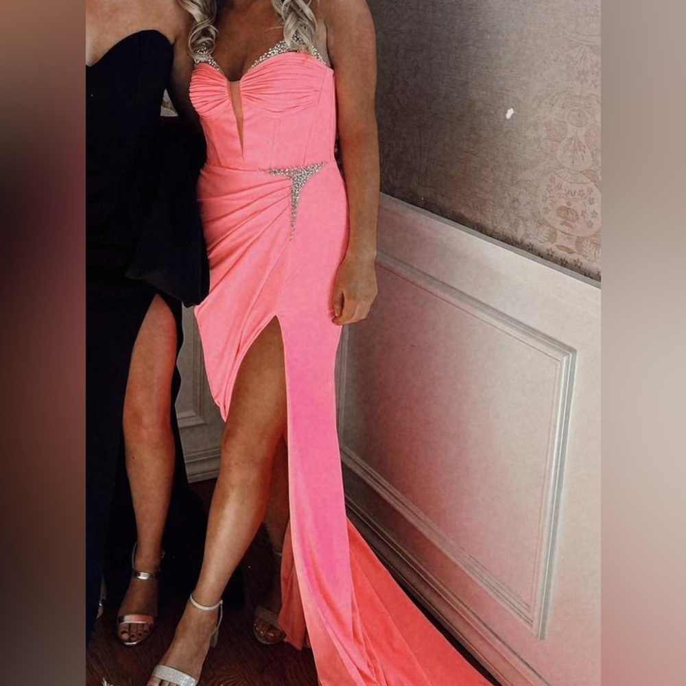 Ashley Lauren Pink Sleeveless Plunge Neck Prom Gown
